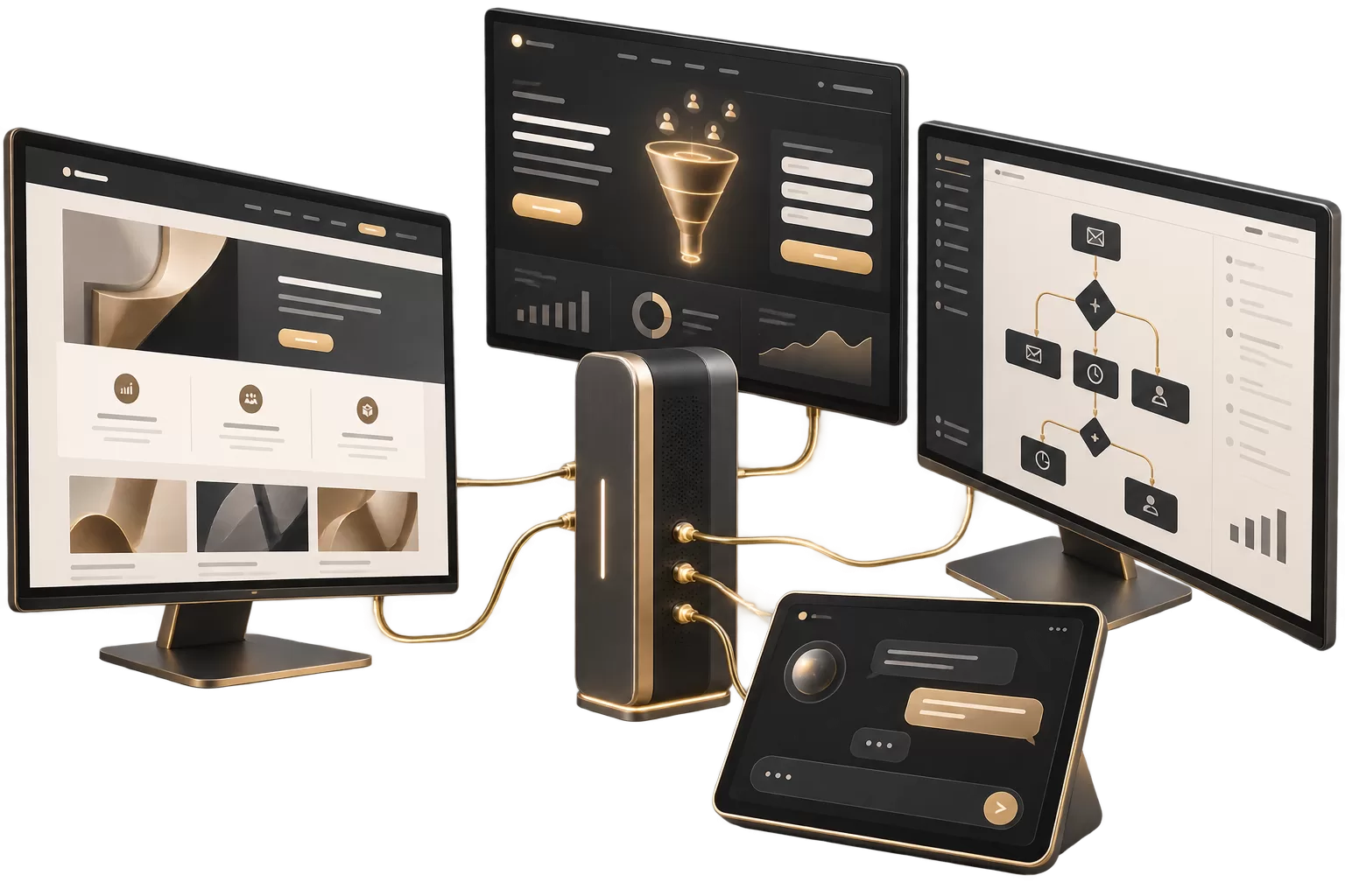 Modern AI processor connecting website, sales funnel, images and marketing automation screens