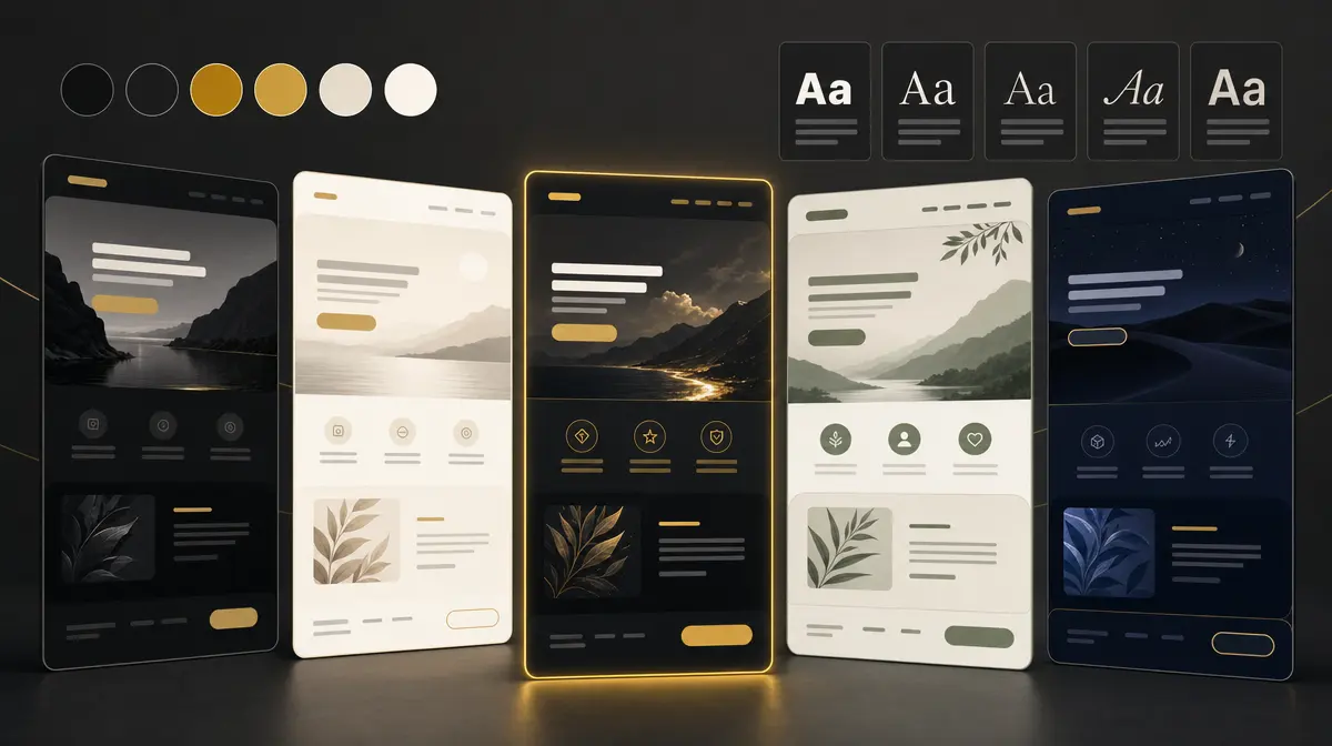 A row of AI1Up design systems showing different colors, fonts and buttons